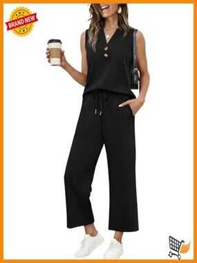 Two Piece Lounge Set - Soft Knit Tank & Wide Leg Pants